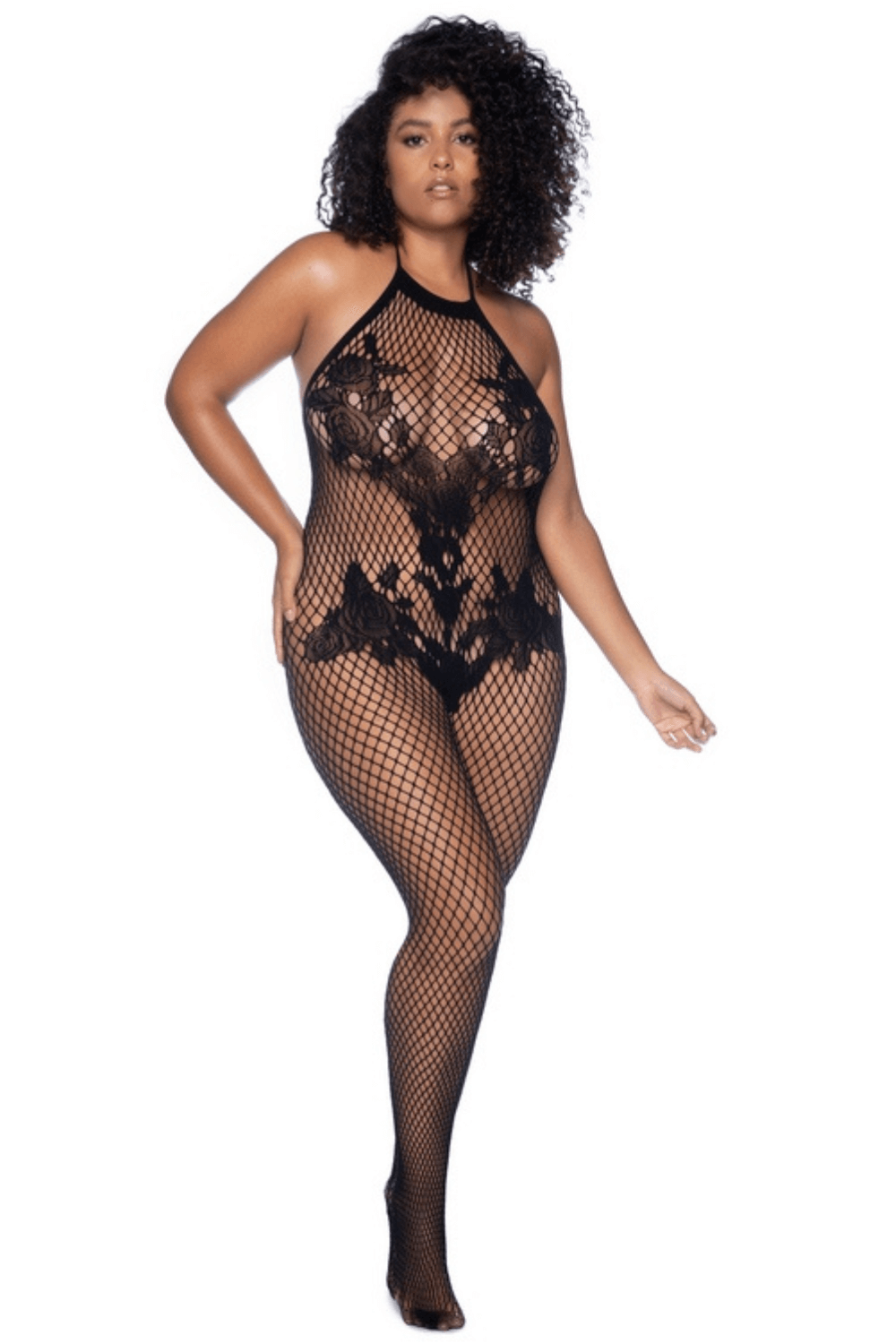 Grote maat zwarte netstof jumpsuit - MAL1116XBLK