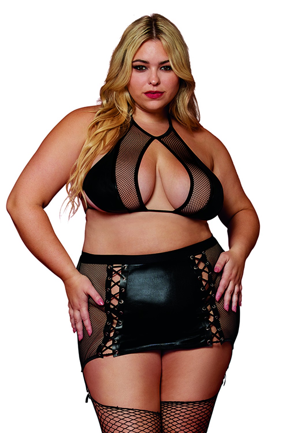 Grote maat bh en jarretelrok van netstof en imitatieleer - DG13290XBLK