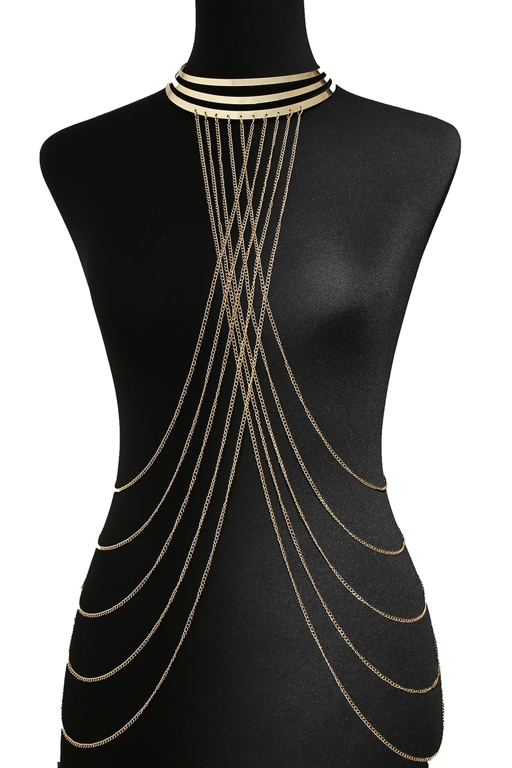 Sieraad Halsketting drie ringen met gouden lichaamskettingen - BCHA0012GLD
