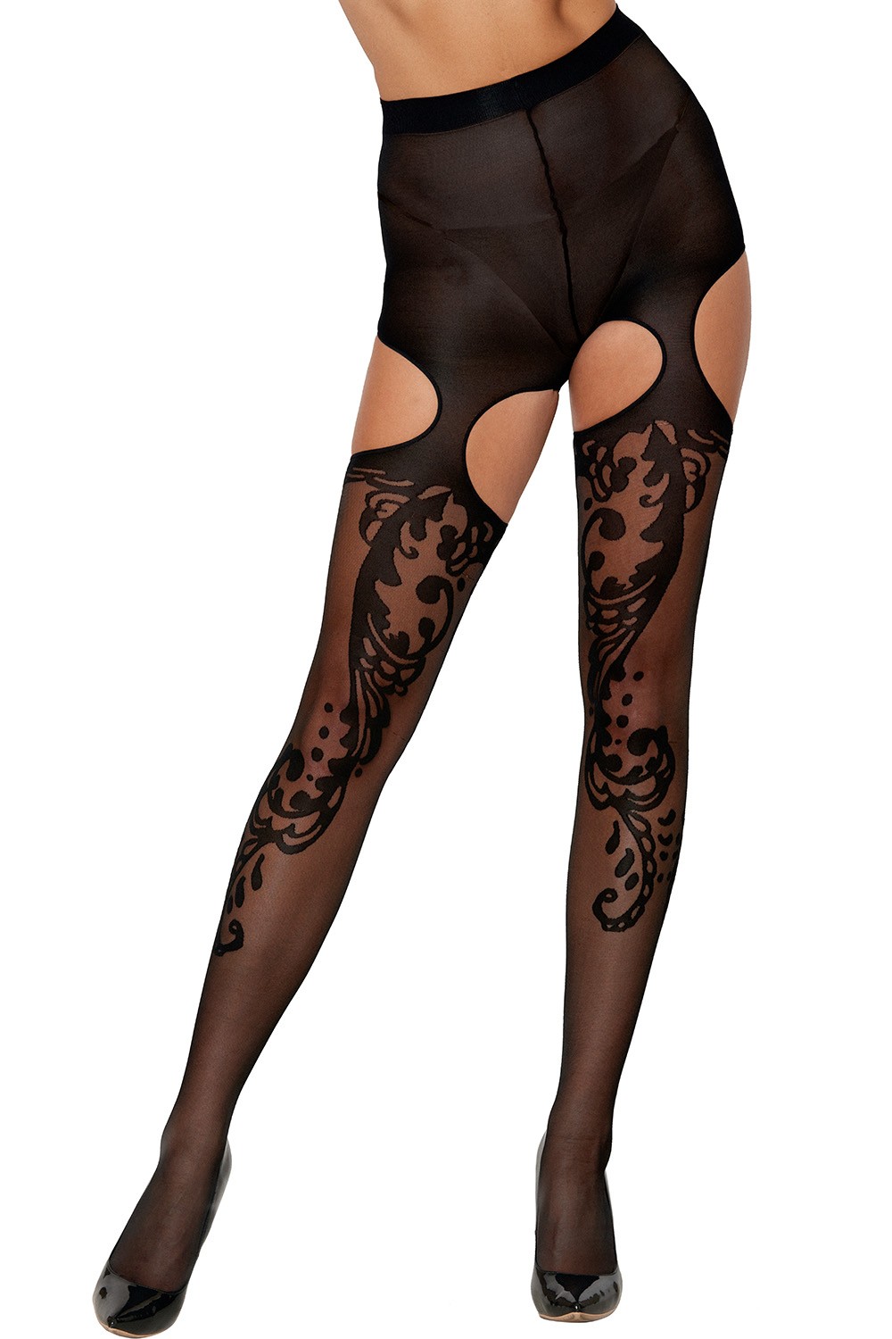 Fantasie panty met hoge uitsnijding op de dijen - DG0438BLK