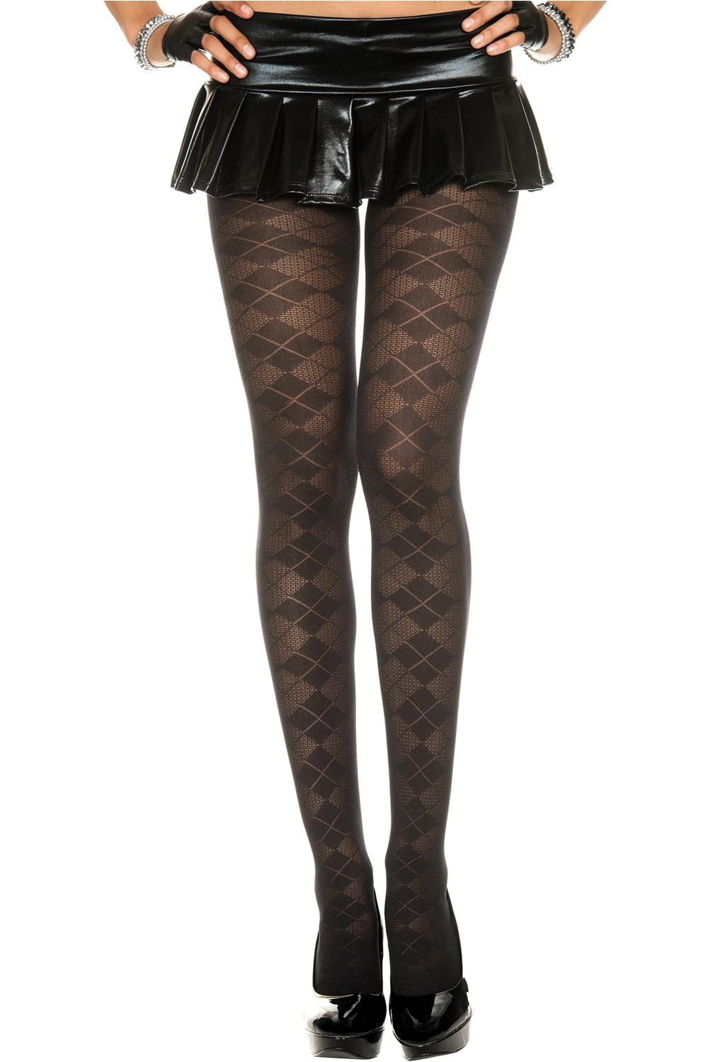 Zwarte fantasie nylon panty met ruitjesmotief - MH7032BLK