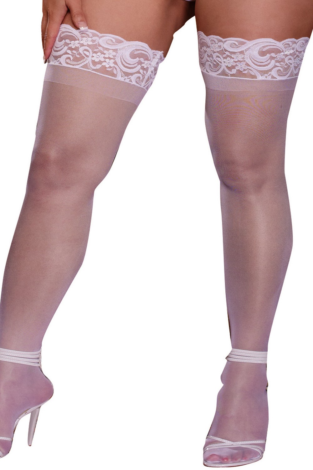 Witte nylon kousen grote maat zelfklevend jarretels kant - DG0005XWHT