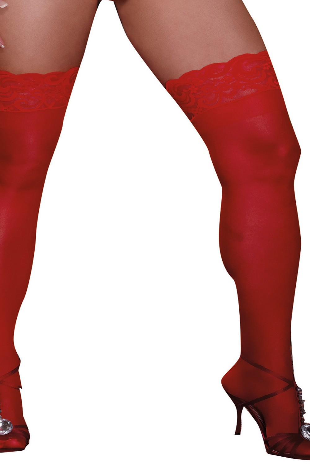 Rode nylon kousen grote maat zelfklevend jarretelles kant - DG0005XRED