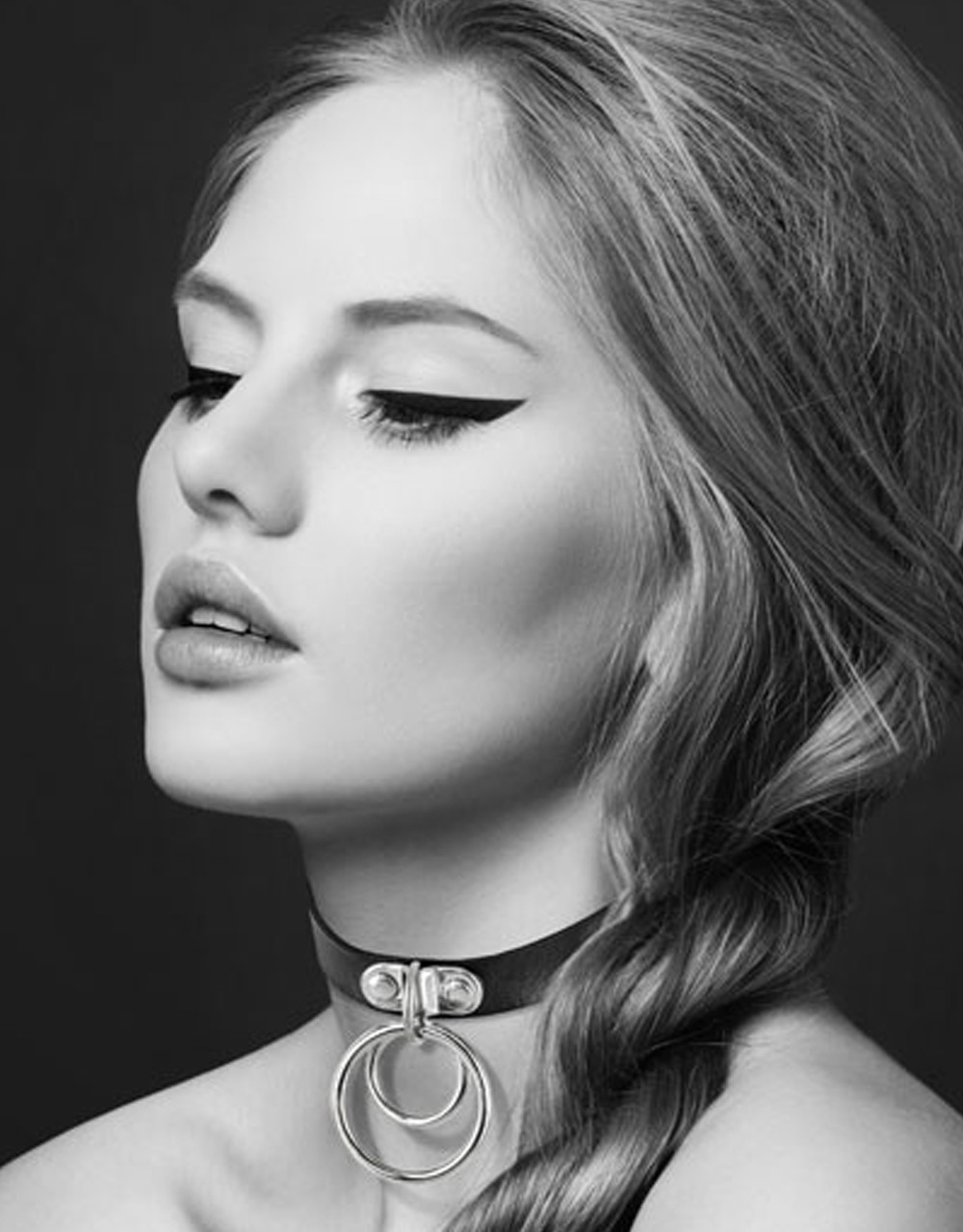 Zwart leren SM-halsband met dubbele zilverkleurige metalen ring voor riem - CC6060030010
