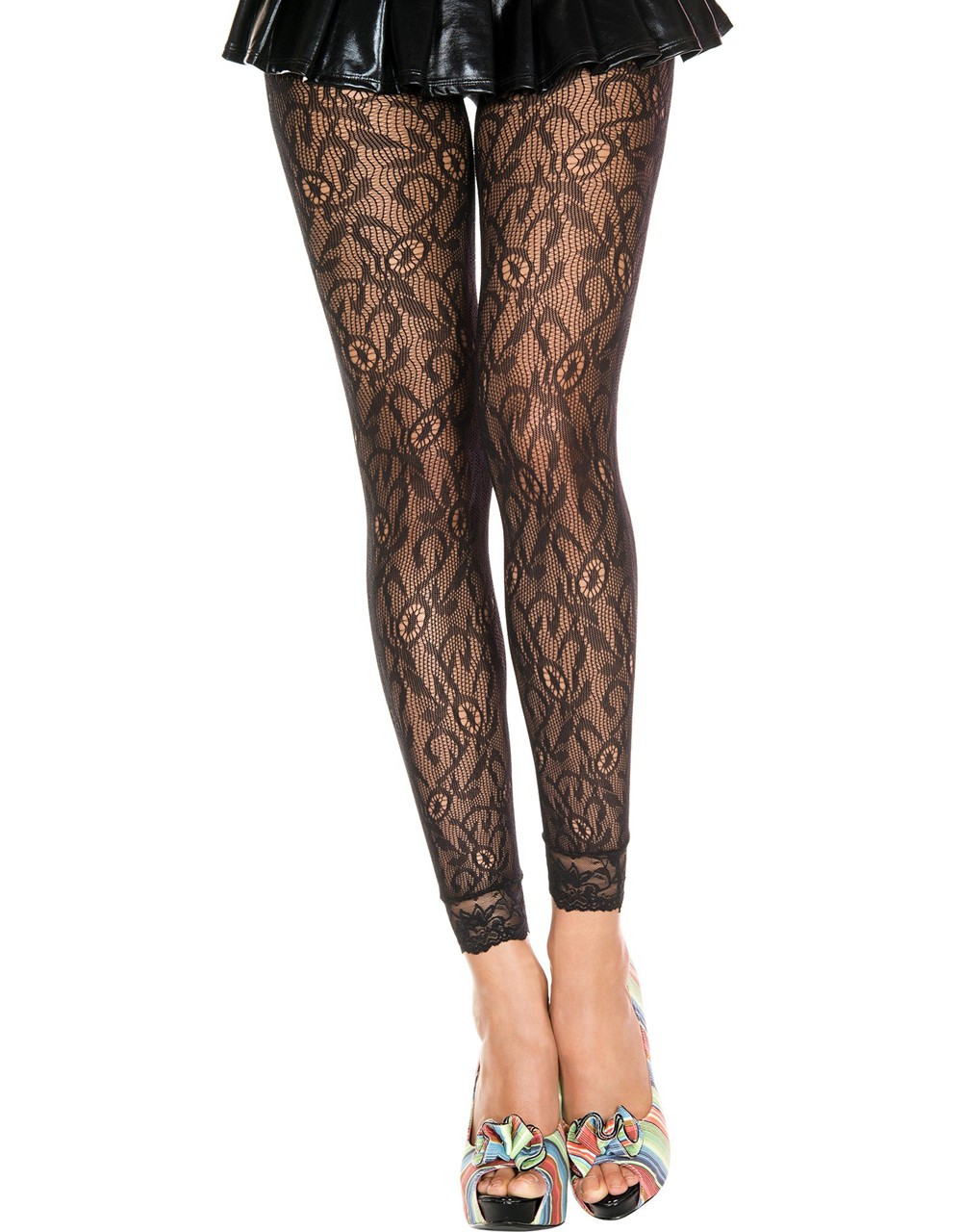 Fijne zwarte legging met netstof en kanten bloemenmotief - MH35029BLK