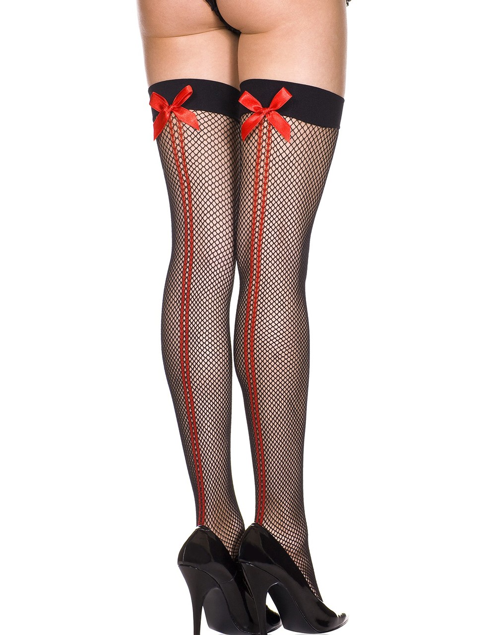 Zwarte netpanty's met naden en rode strikken - MH4843BKR