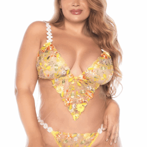 Transparante gele geborduurde grote maat babydoll en string - MAL7608XSUBS