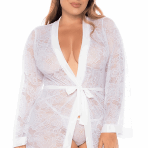 Grote maat kanten witte kamerjas - MAL7611XWHT