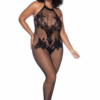 Grote maat zwarte netstof bodysuit - MAL1116XBLK