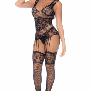 Zwarte netstof bodysuit met strass - MAL1132BKRH