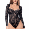 Sexy body met lange mouwen van gotische kant en leren details - MAL8957BLK