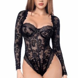Sexy body met lange mouwen van gotische kant en details in leerlook - MAL8957BLK