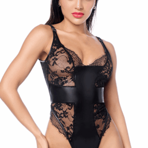 Zwarte sexy body kant & kunstleer - MAL2805BLK