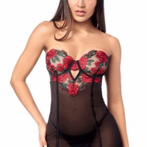 Sexy babydoll met beugel Mapalé rozenborduursel en string - MAL7619BKRD