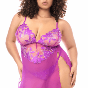Babydoll grote maat in geborduurde bloemenmesh en string - MAL7614XAZAL