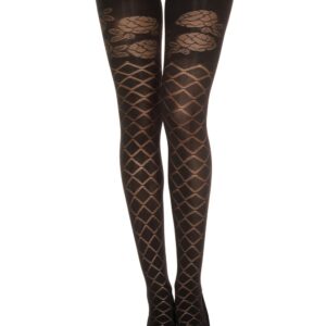 Halfdoorzichtige zwarte panty met ruitjes- en bloemenmotief - MH7236BLK