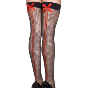 Zwarte netpanty's met naden en rode strikken - MH4843BKR