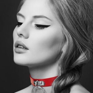 Rode leren SM-halsband met zilverkleurige metalen ring voor riem - CC6060010030