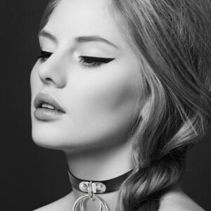 Zwart leren SM-halsband met dubbele zilverkleurige metalen ring voor riem - CC6060030010