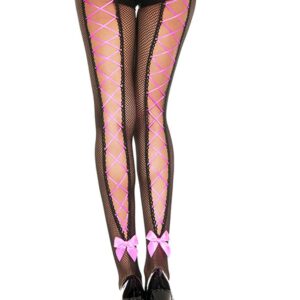 Zwarte netpanty met roze korsetveter en strik - MH50012BHP