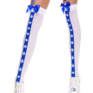 Witte sexy kousen met blauwe kruis verpleegsterband en satijnen strikjes - MH4780WBL