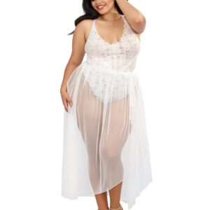 Witte grote maat body met hoge uitsnijding en kanten details, met afneembare transparante mesh rok - DG10996XWHT
