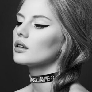 Zwart leren SM-halsband met Slave in strass - CC6050130010