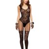 Zwarte kanten bodystocking met sexy kousen-effect en jarretelles - ML1022BLK