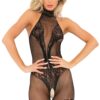 Zwarte netstof bodystocking met stringbody en jarretel effect - REN7063-BLK