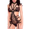 Zwarte fetish body met wimperkant en bandjes met metalen ringen - ML20028BLK
