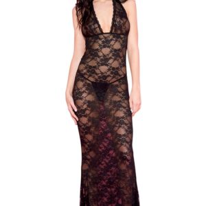 Lange zwarte negligé met bloemenkant - ML53012BLK
