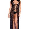 Lange zwarte negligé met open bloemenkant en string - ML53009BLK