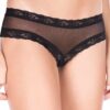Zwarte open stringtanga van transparant mesh en kant - ML10007BLK