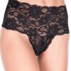 Zwarte stringtanga grote maat met brede hoge band van bloemenkant - ML10021XBLK
