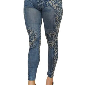 Blauwe legging met een verwassen jeanslook en luipaardprint - FD1017