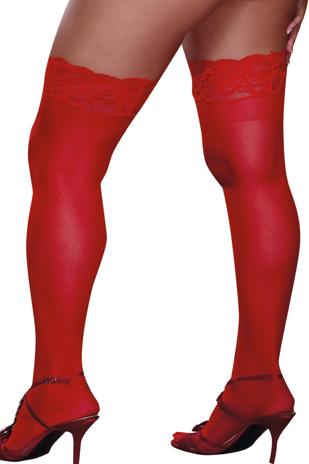 Rode nylon kousen grote maat zelfklevend jarretelles kant - DG0005XRED - Afbeelding 2