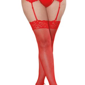 Rode netpanty's in grote maat met bloemenkousenbanden - DG0006XRED