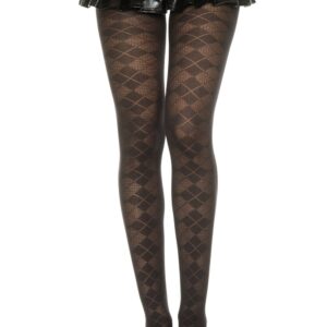 Zwarte fantasie nylon panty met ruitjesmotief - MH7032BLK