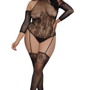 Grote maat bodystocking van netstof met kousenophangingseffect - DG0310XBLK