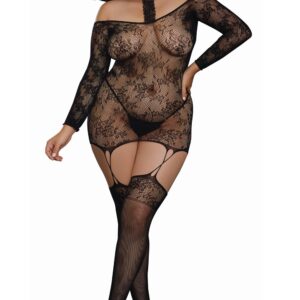 Reversible grote maat netstof bodystocking met halternek - DG0318XBLK