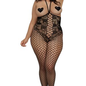 Grote maat body-stijl kanten combinatie met wijde netkousen - DG0268XBLK