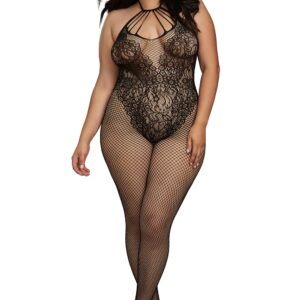 Grote maat netstof bodystocking in body-stijl met prachtige bandjes halslijn - DG0326XBLK