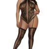 Grote Maat Bodysuit in stringstijl van kant met gekruiste details - DG0329XBLK
