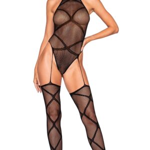 Zwart netbody met geïntegreerde jarretels - DG0385BLK