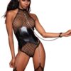 Body van brede netstof en jarretelgordel van imitatieleer met kettinkjes - DG12495BLK