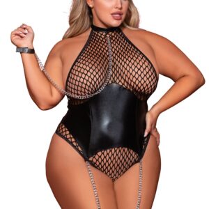 Grote maat body met wijde mazen en jarretelgordel van imitatieleer met kettinkjes - DG12495XBLK