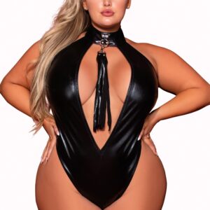 Grote maat body van imitatieleer, rekbaar met gespijkerde kraag en zweep - DG12450XBLK