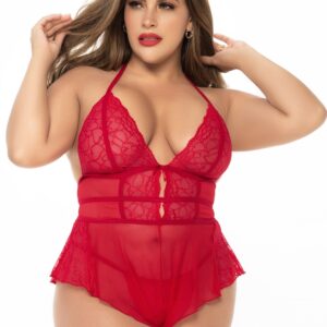 Rode babydoll-effect grote maat body met bijpassende string - MAL7445XRED