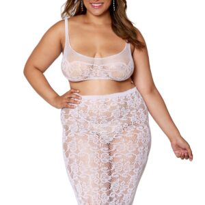 Tweedelig set grote maat, fantasie netstof bustier en bijpassende lange rok - DG12921XWHT