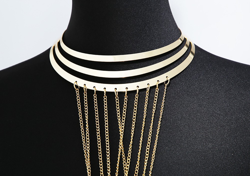 Sieraad Halsketting drie ringen met gouden lichaamskettingen - BCHA0012GLD - Afbeelding 6